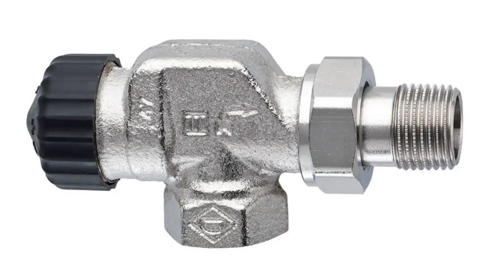 Thermostat-Ventilunterteil aus Metall mit schwarzem Regelknopf und axialer Form, hergestellt von IMI Hydronic Engineering, zur Installation in Heizsystemen.